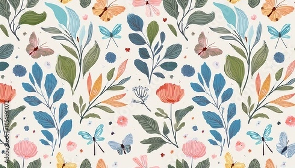 Fototapeta floral seamless pattern with delicate abstract flowers plants flying butterflies and dragonflies watercolor isolated colorful print for cover background wallpaper or textile
