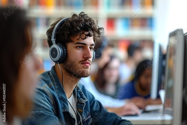 Fototapeta Focused young man wearing headphones while working on a computer in a modern library during daytime