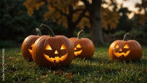 Obraz Illuminated pumpkins on grass in an autumn setting.1
