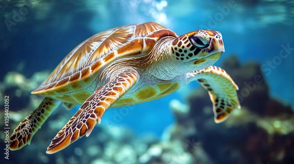 Fototapeta A cute sea turtle gracefully swimming near the ocean’s surface in a calm, blue sea. This peaceful underwater scene showcases the turtle moving effortlessly through the water
