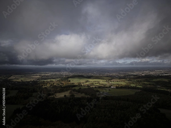 Obraz Drone aerial view of cloudy weather over the British countryside