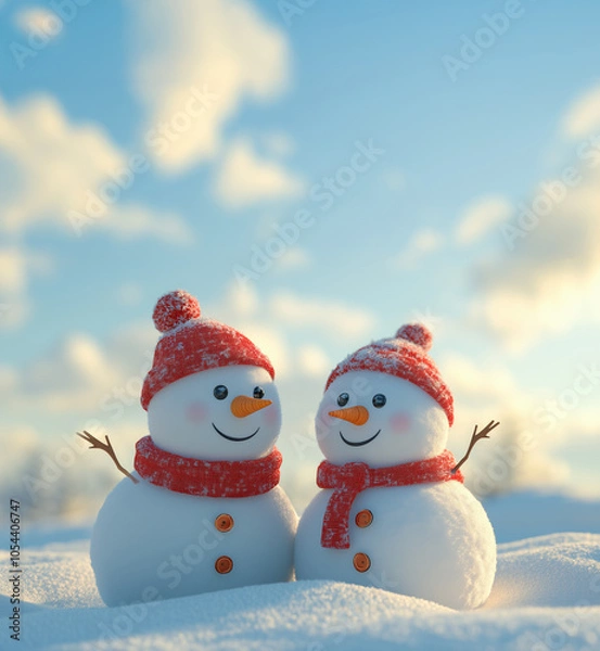 Obraz Two snowmans stands on the snow on the nature background