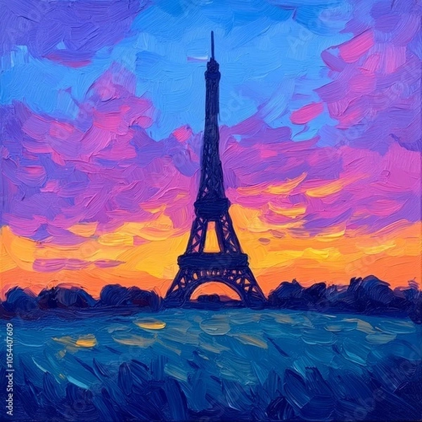 Fototapeta A vibrant sunset painting featuring the Eiffel Tower against a colorful sky.