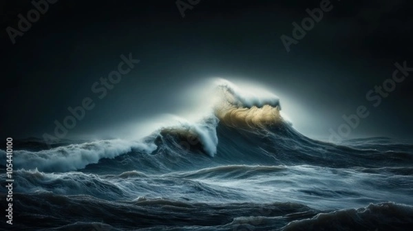 Fototapeta A large wave crashes in the ocean during a stormy night, illuminated by the light of the moon.
