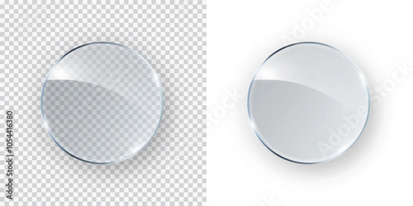 Obraz Glass, acrylic or plastic circle badge isolated on transparent and white backgrounds. Reflection 3d button, glare mirror. Vector glossy round element design