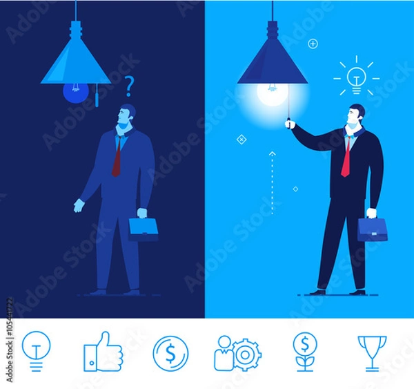 Fototapeta Vector business concept  illustration. Businessman in dark and light in the room. 