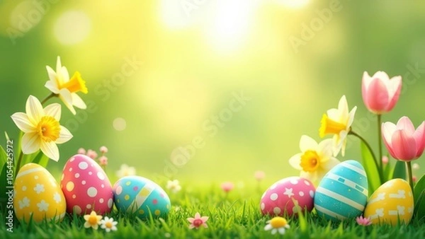 Fototapeta Easter background, include colorful decorated Easter eggs, spring flowers (tulips and daffodils), copy space in the middle, horizontal