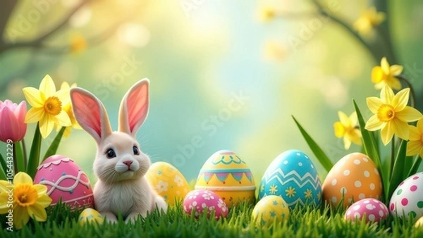 Obraz Easter background, include colorful decorated Easter eggs, spring flowers (tulips and daffodils), bunny. copy space in the middle, horizontal
