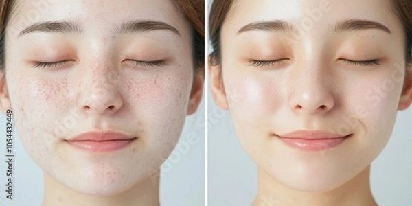 Fototapeta 肌の変化のビフォーアフター：春のスキンケアのインスピレーションとなる透明感のある肌への改善