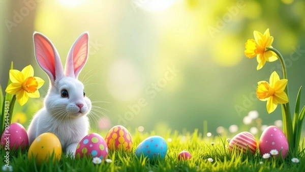 Fototapeta Easter background, include colorful decorated Easter eggs, spring flowers (tulips and daffodils), bunny. copy space in the middle, horizontal