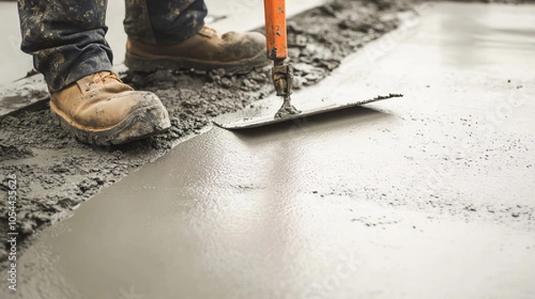 Fototapeta Construction worker smoothing wet concrete with a trowel, foundation work in progress, concrete work, construction skills