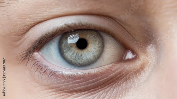 Obraz Close-up of a blue-gray eye, showcasing intricate details of the iris and pupil. The eye appears calm and reflective, with subtle variations in color and texture.