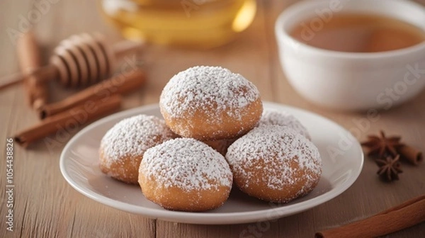 Fototapeta Freshly made beignets dusted with powdered sugar, served on a white ceramic plate, isolated on a wooden background with a side of honey and cinnamon sticks