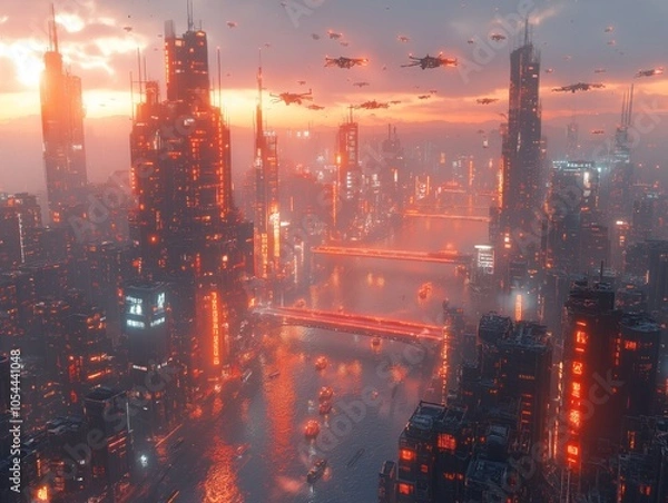 Fototapeta Sleek, futuristic drones and flying cars navigate the airspace above advanced skyscrapers, adding movement and a sense of innovation to the cityscape. 