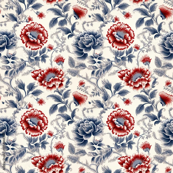 Fototapeta Seamless floral pattern with blue and red flowers on cream background for fabric and wallpaper design