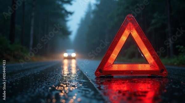 Fototapeta A red warning triangle on a wet road with a car approaching in the rain, signaling potential danger and the need for caution.