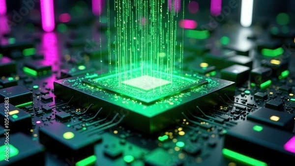 Fototapeta Close up of futuristic microchip with green circuits and pink lights	