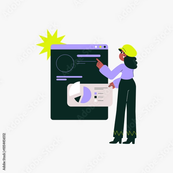 Obraz Data analyzing with female character interacting with large screen displaying pie chart and reports, flat vector illustration, isolated on white