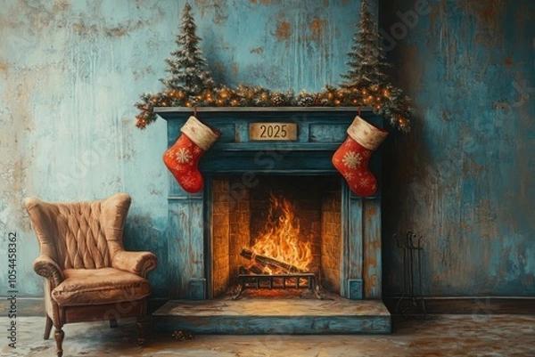 Fototapeta Fireplace with stockings hanging over it and a chair in front of it, 2025 year