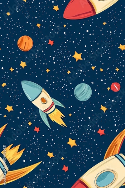 Obraz Vertical Cartoon space seamless pattern on blue background. Space background.