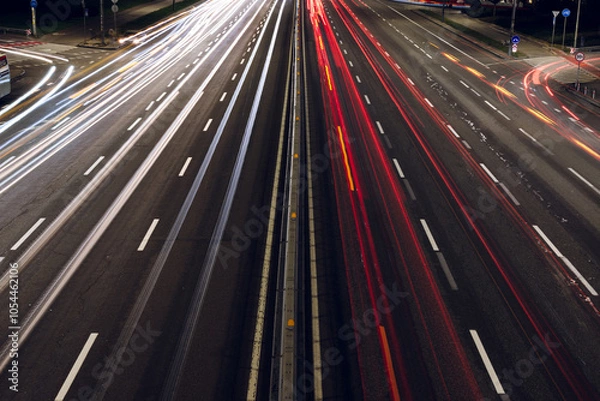 Fototapeta High-angle nighttime long-exposure shot of a highway, showing only the road and blurred car lights. Red and white light trails streak across the asphalt, capturing the dynamic energy of urban life.