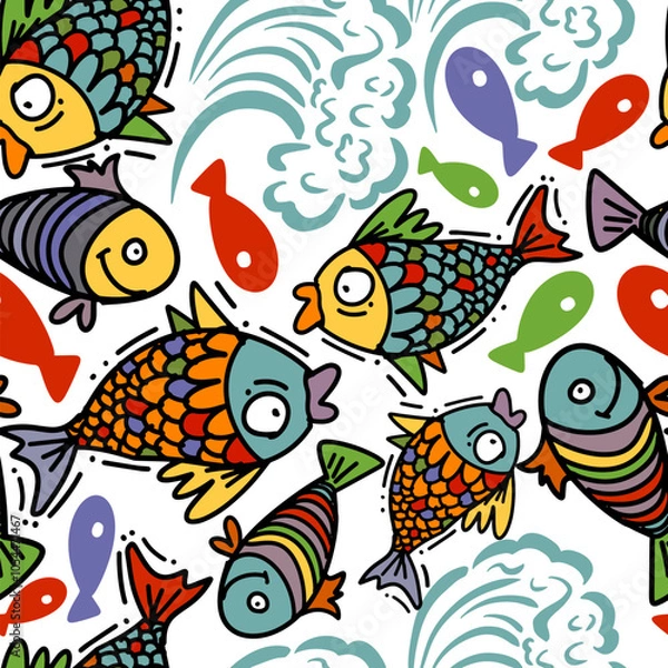 Fototapeta Children's background seamless fish. hand drawing. Not AI, Vector illustration