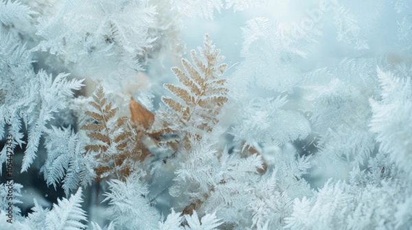 Fototapeta Beautiful ice crystals growing on a window with a dried fern during a cold winter day