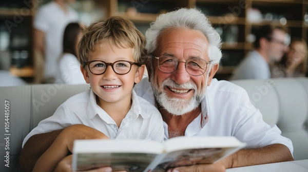 Fototapeta Happy smiling grandfather and a grandson in the light room