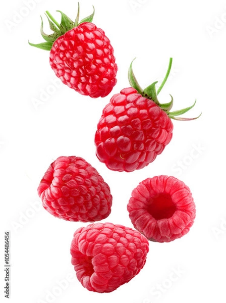 Fototapeta Falling raspberry berries on transparent