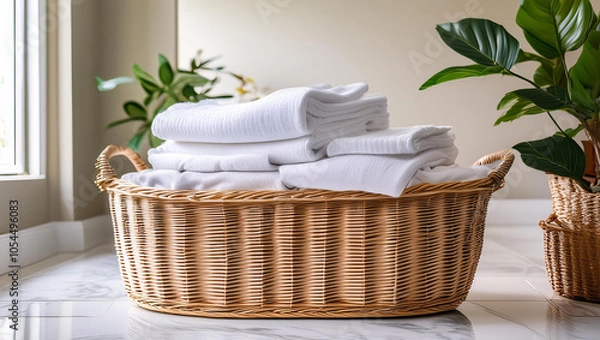 Obraz Wicker basket with a stack of white clothes on a white background. Clean, folded, stacked clothes in a wicker basket isolated.	Laundry concept design