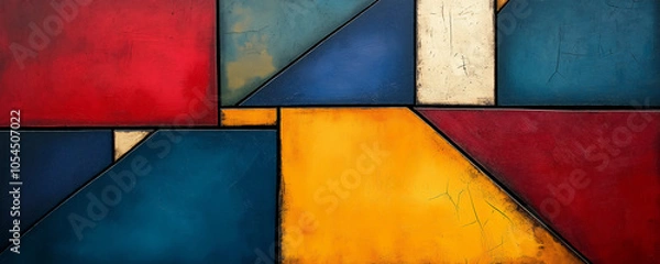 Fototapeta Abstract painting with colorful geometric shapes and lines, including reds, yellows, blues, greens and black. The background is textured to look like wood paneling or wallpaper.