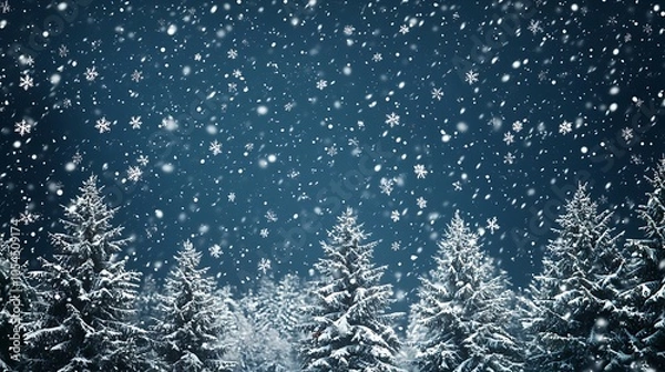 Obraz Animation of snowflakes drifting on a dark blue sky with Christmas trees in the background.