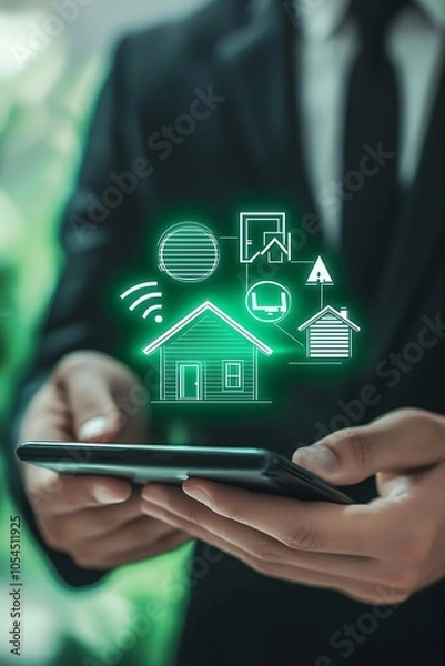 Fototapeta Businessman engaging with energy efficiency icons on a virtual screen for home audits