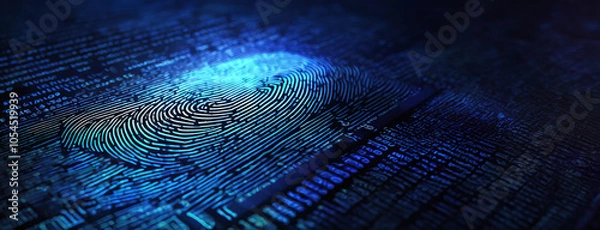 Fototapeta A close-up fingerprint image symbolizing digital security highlighting biometric patterns on a data background with copy space. Panorama