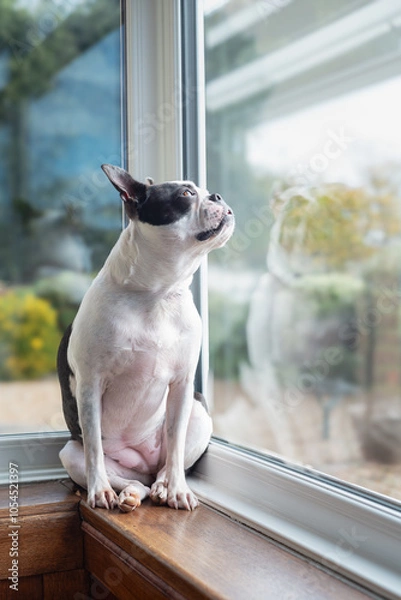 Fototapeta Female Boston Terrier dog sitting on a windowsill looking up to the sky out of the window.