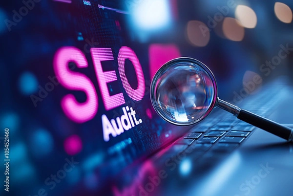 Obraz Graphs of rising web traffic with a magnifying glass hovering over a keyword search bar labeled "SEO Audit."