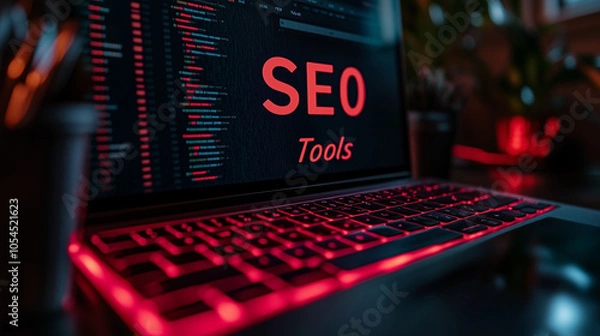 Fototapeta Desktop with "SEO Tools" labeled icons for backlinks, keywords, content analysis, and technical SEO.
