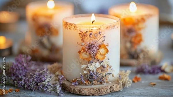 Obraz herbal candles and decorations on the wooden plate