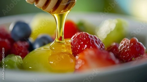 Obraz honey dripping from a honey dipper on fruit