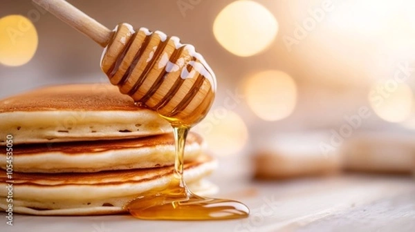 Obraz honey dripping from a dipper on pancakes