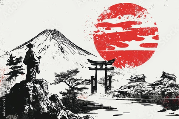 Fototapeta A traditional Japanese scene featuring a samurai standing before Mount Fuji, with a torii gate, temple, and a large red sun in the background. The minimalist, monochromatic style emphasizes Japanese c