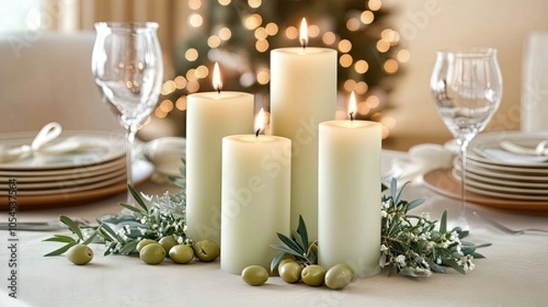 Fototapeta Two soft yellow candles sit beside ripe green olives and leaves on a wooden platter, creating a calming ambiance in a neutral gray setting