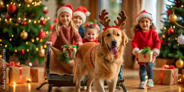 Fototapeta Children in Santa hats and a Golden Retriever with reindeer antlers playing with a sled indoors, surrounded by Christmas decorations and gifts