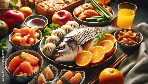 Fototapeta Festive table with traditional Chinese Lunar New Year dishes, including fish, tangerines, oranges, buns or dumplings, and juice. They symbolize prosperity and good fortune
