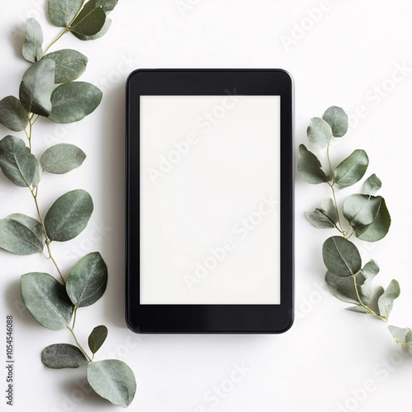 Obraz flat lay of eucalyptus leaves and an e-reader on a white background