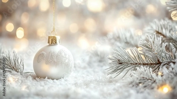 Fototapeta glittering silver, white Christmas ornament resting on a soft, snowy surface, surrounded by a dreamy, blurred warm background.