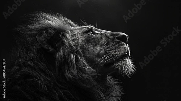 Fototapeta This stunning black and white profile portrait captures the majestic presence of a lion, highlighting its windswept mane and gaze into the distance with nobility.