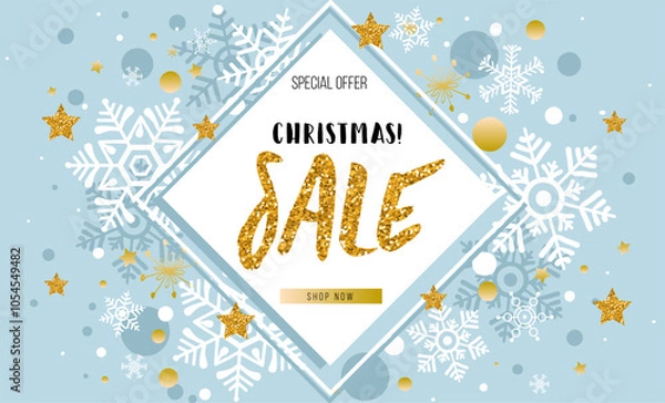 Obraz Christmas, new year, winter sale banner. Poster, background, flyer, invitation card, template design with winter elements. Vector illustration EPS 10	