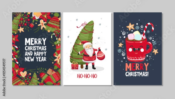 Obraz Collection of cute Merry Christmas and Happy New Year greeting cards. Kawaii anime style. Set of hand drawn holiday posters templates, postcard design. Vector illustration EPS 10