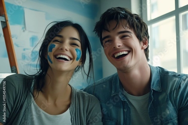 Fototapeta Couple laughing with paint on their faces, home renovation and joy concept